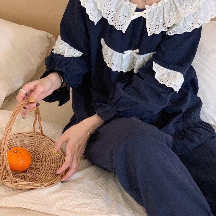 91家纺网 家纺一手货源 找家纺 （总）妍景家居生活馆 2025新款82751 韩系甜美蕾丝套装蓝