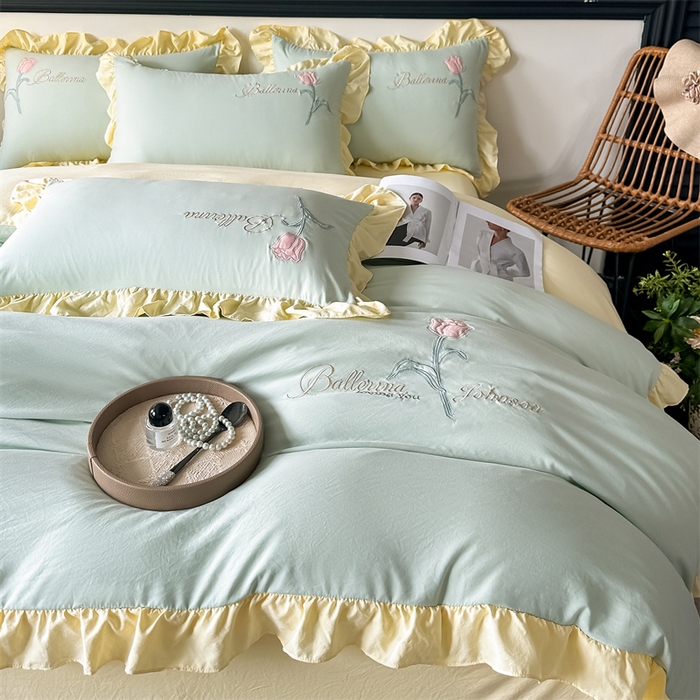 91家纺网 家纺一手货源 找家纺 （总）梦庭帛美 2025新款韩版AB版花边贴布绣花床单床笠四件套