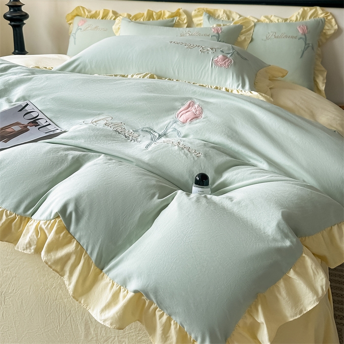 91家纺网 家纺一手货源 找家纺 （总）梦庭帛美 2025新款韩版AB版花边贴布绣花床单床笠四件套