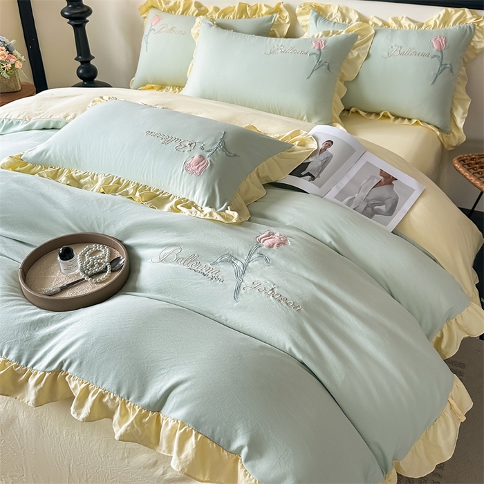 91家纺网 家纺一手货源 找家纺 （总）梦庭帛美 2025新款韩版AB版花边贴布绣花床单床笠四件套