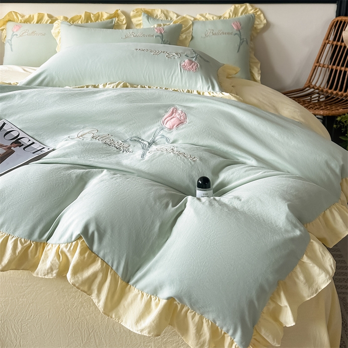 91家纺网 家纺一手货源 找家纺 （总）梦庭帛美 2025新款韩版AB版花边贴布绣花床单床笠四件套