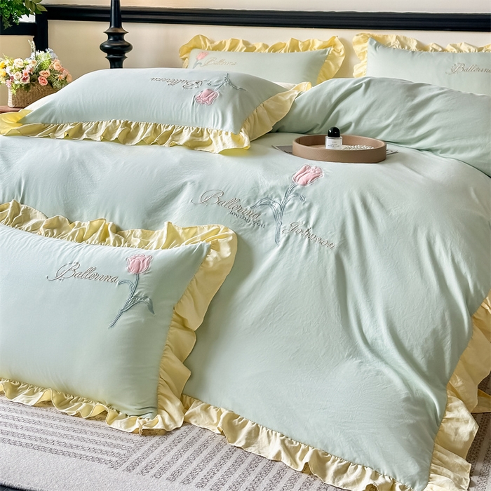 91家纺网 家纺一手货源 找家纺 （总）梦庭帛美 2025新款韩版AB版花边贴布绣花床单床笠四件套