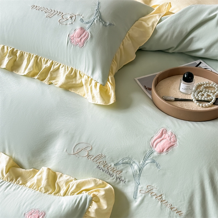 91家纺网 家纺一手货源 找家纺 （总）梦庭帛美 2025新款韩版AB版花边贴布绣花床单床笠四件套