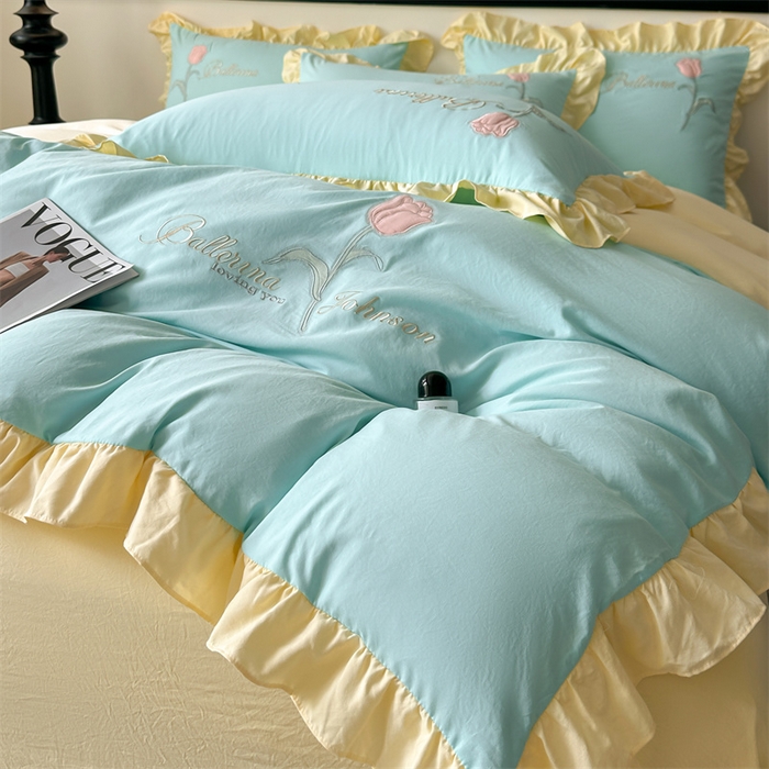 91家纺网 家纺一手货源 找家纺 梦庭帛美 2025新款韩版AB版花边贴布绣花床单床笠四件套 郁金香-蒂芙兰