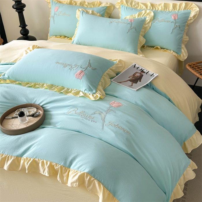 91家纺网 家纺一手货源 找家纺 梦庭帛美 2025新款韩版AB版花边贴布绣花床单床笠四件套 郁金香-蒂芙兰