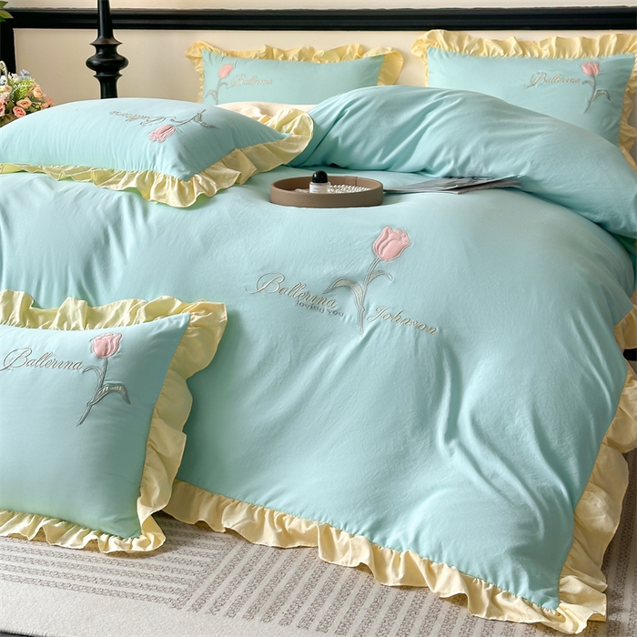 91家纺网 家纺一手货源 找家纺 梦庭帛美 2025新款韩版AB版花边贴布绣花床单床笠四件套 郁金香-蒂芙兰