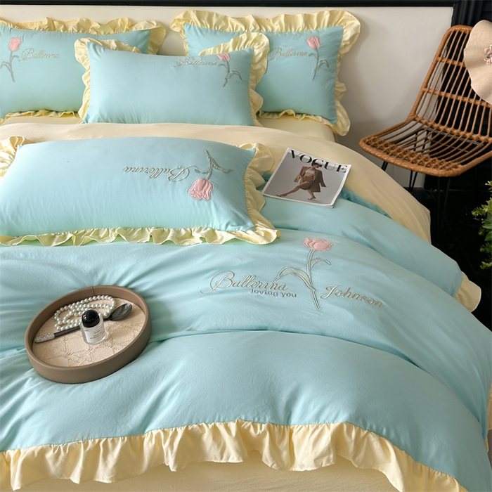 91家纺网 家纺一手货源 找家纺 梦庭帛美 2025新款韩版AB版花边贴布绣花床单床笠四件套 郁金香-蒂芙兰