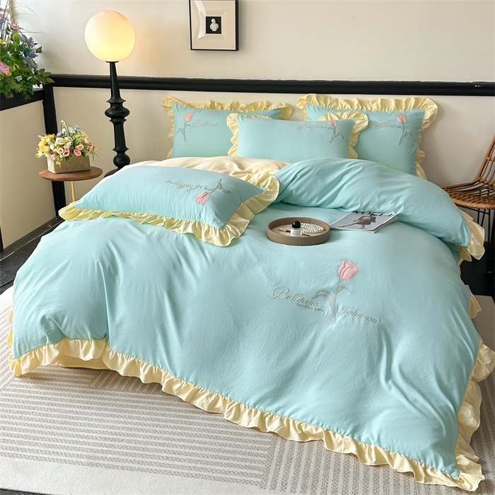 91家纺网 家纺一手货源 找家纺 梦庭帛美 2025新款韩版AB版花边贴布绣花床单床笠四件套 郁金香-蒂芙兰