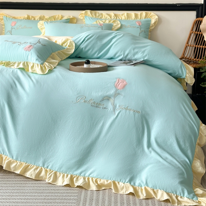 91家纺网 家纺一手货源 找家纺 梦庭帛美 2025新款韩版AB版花边贴布绣花床单床笠四件套 郁金香-蒂芙兰