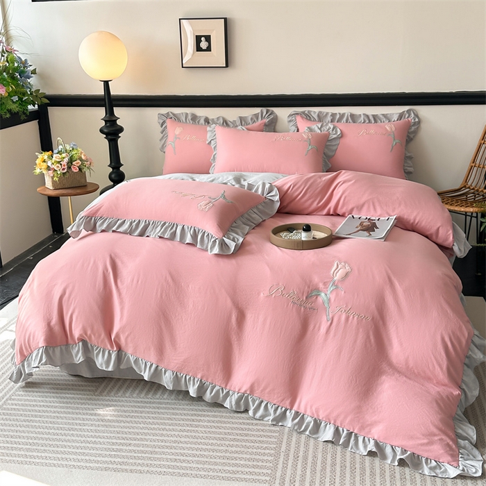 91家纺网 家纺一手货源 找家纺 梦庭帛美 2025新款韩版AB版花边贴布绣花床单床笠四件套 郁金香-豆沙