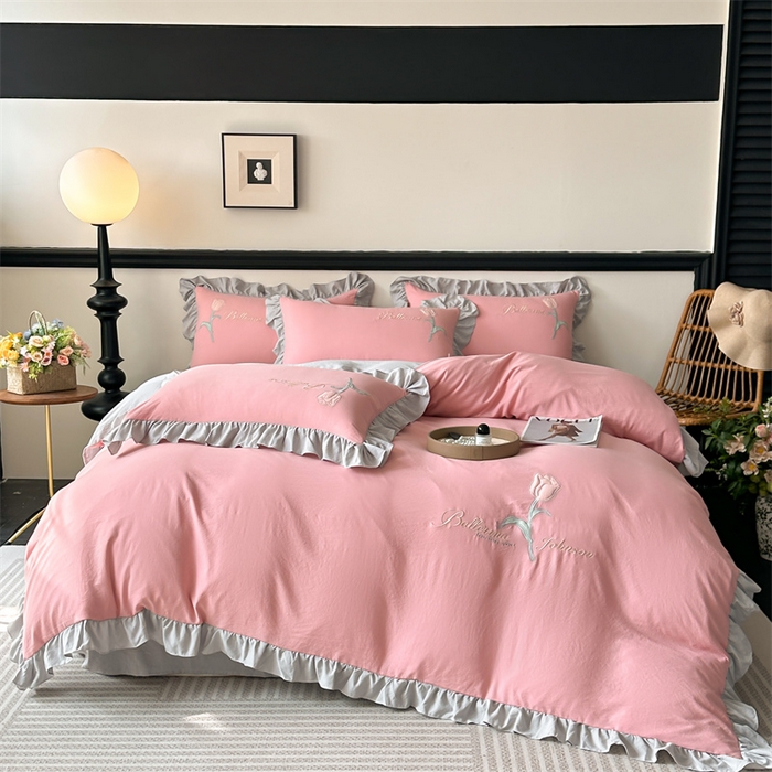 梦庭帛美 2025新款韩版AB版花边贴布绣花床单床笠四件套 郁金香-豆沙