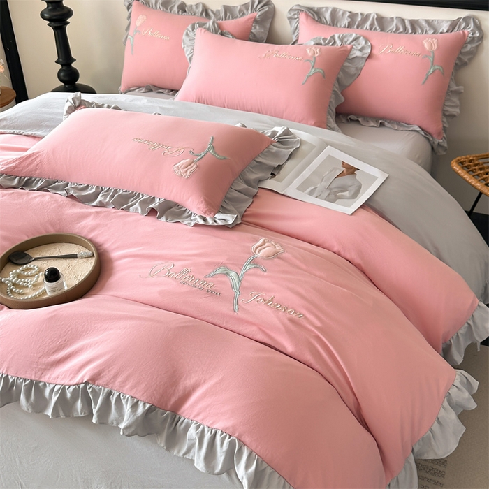 91家纺网 家纺一手货源 找家纺 梦庭帛美 2025新款韩版AB版花边贴布绣花床单床笠四件套 郁金香-豆沙