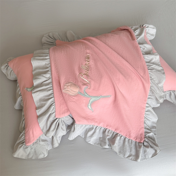 91家纺网 家纺一手货源 找家纺 梦庭帛美 2025新款韩版AB版花边贴布绣花床单床笠四件套 郁金香-豆沙