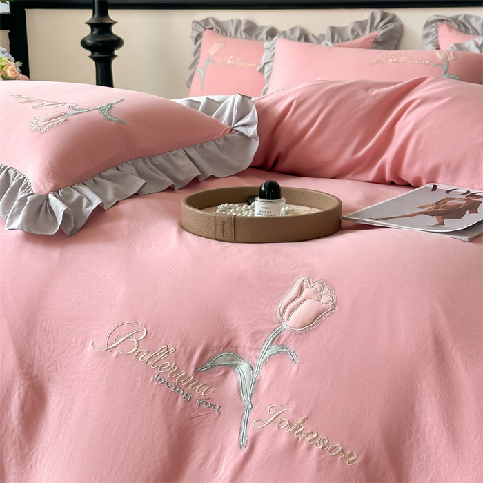 91家纺网 家纺一手货源 找家纺 梦庭帛美 2025新款韩版AB版花边贴布绣花床单床笠四件套 郁金香-豆沙