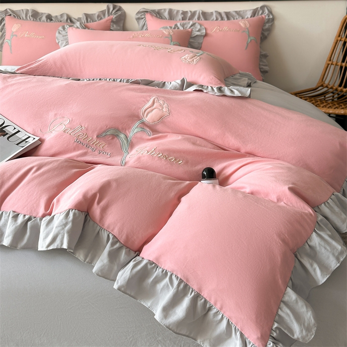 91家纺网 家纺一手货源 找家纺 梦庭帛美 2025新款韩版AB版花边贴布绣花床单床笠四件套 郁金香-豆沙