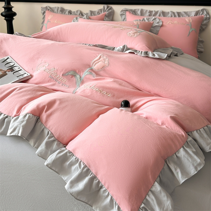 91家纺网 家纺一手货源 找家纺 梦庭帛美 2025新款韩版AB版花边贴布绣花床单床笠四件套 郁金香-豆沙