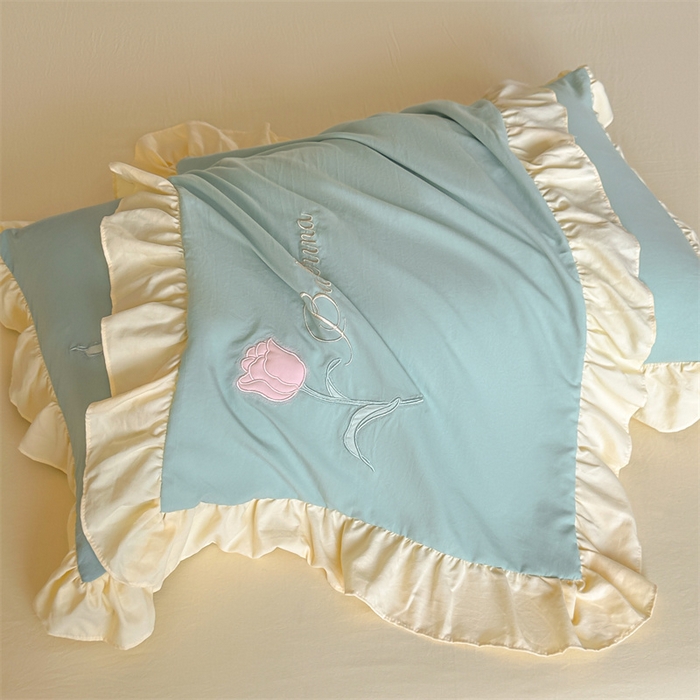 91家纺网 家纺一手货源 找家纺 梦庭帛美 2025新款韩版AB版花边贴布绣花床单床笠四件套 郁金香-果绿