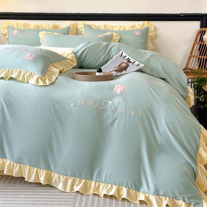 91家纺网 家纺一手货源 找家纺 梦庭帛美 2025新款韩版AB版花边贴布绣花床单床笠四件套 郁金香-果绿