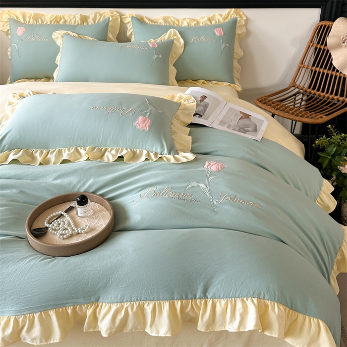 91家纺网 家纺一手货源 找家纺 梦庭帛美 2025新款韩版AB版花边贴布绣花床单床笠四件套 郁金香-果绿