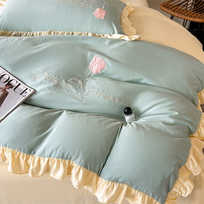 91家纺网 家纺一手货源 找家纺 梦庭帛美 2025新款韩版AB版花边贴布绣花床单床笠四件套 郁金香-果绿