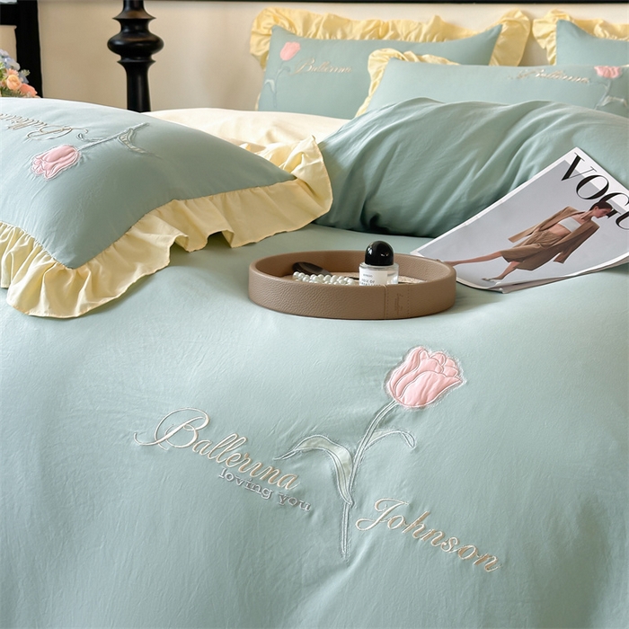 91家纺网 家纺一手货源 找家纺 梦庭帛美 2025新款韩版AB版花边贴布绣花床单床笠四件套 郁金香-果绿