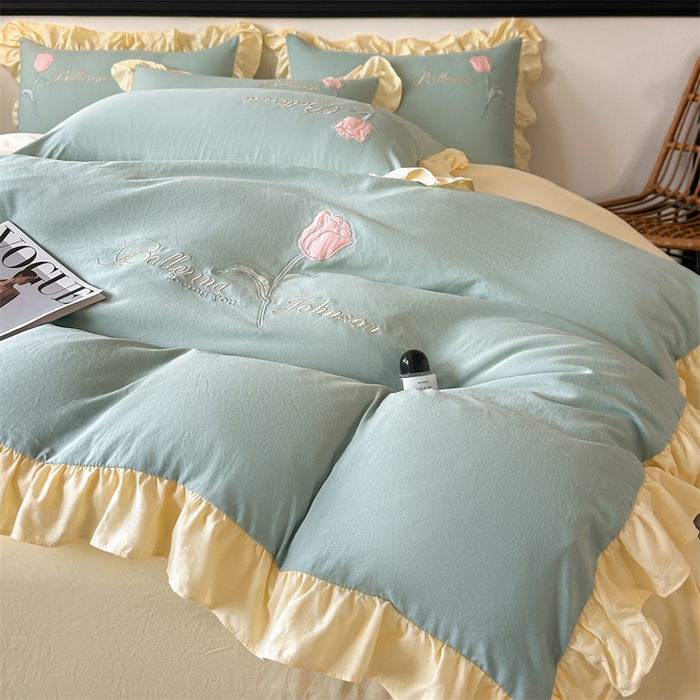 91家纺网 家纺一手货源 找家纺 梦庭帛美 2025新款韩版AB版花边贴布绣花床单床笠四件套 郁金香-果绿