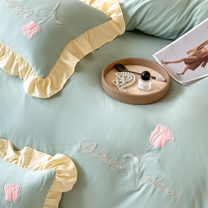 91家纺网 家纺一手货源 找家纺 梦庭帛美 2025新款韩版AB版花边贴布绣花床单床笠四件套 郁金香-果绿