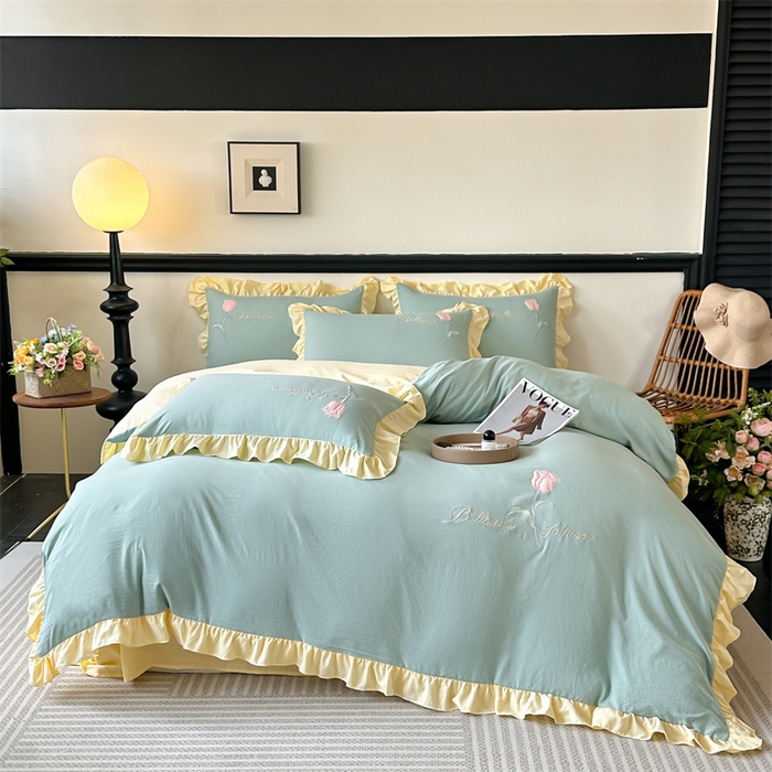 梦庭帛美 2025新款韩版AB版花边贴布绣花床单床笠四件套 郁金香-果绿
