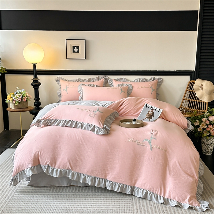 梦庭帛美 2025新款韩版AB版花边贴布绣花床单床笠四件套 郁金香-灰粉