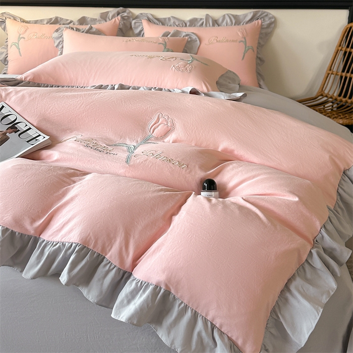 91家纺网 家纺一手货源 找家纺 梦庭帛美 2025新款韩版AB版花边贴布绣花床单床笠四件套 郁金香-灰粉