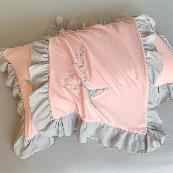 91家纺网 家纺一手货源 找家纺 梦庭帛美 2025新款韩版AB版花边贴布绣花床单床笠四件套 郁金香-灰粉