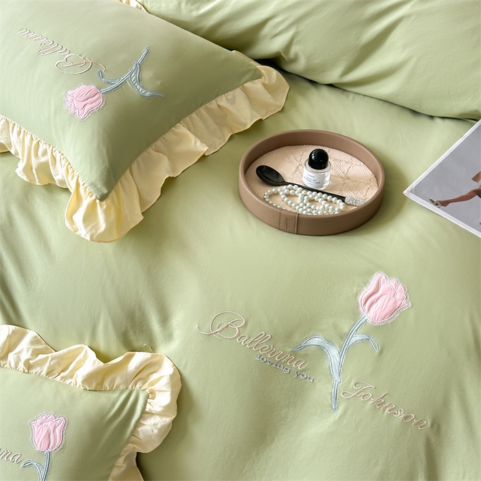 91家纺网 家纺一手货源 找家纺 梦庭帛美 2025新款韩版AB版花边贴布绣花床单床笠四件套 郁金香-抹茶绿