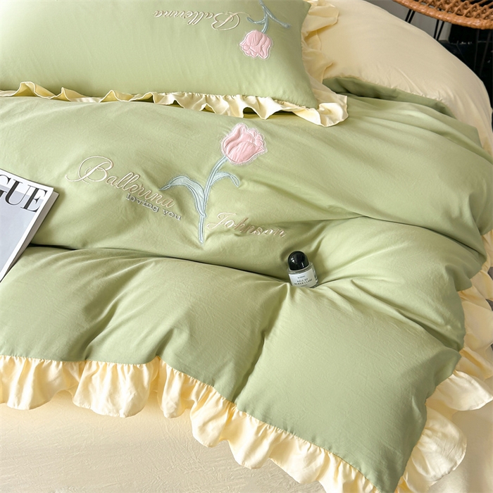91家纺网 家纺一手货源 找家纺 梦庭帛美 2025新款韩版AB版花边贴布绣花床单床笠四件套 郁金香-抹茶绿