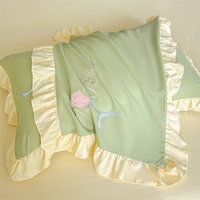 91家纺网 家纺一手货源 找家纺 梦庭帛美 2025新款韩版AB版花边贴布绣花床单床笠四件套 郁金香-抹茶绿