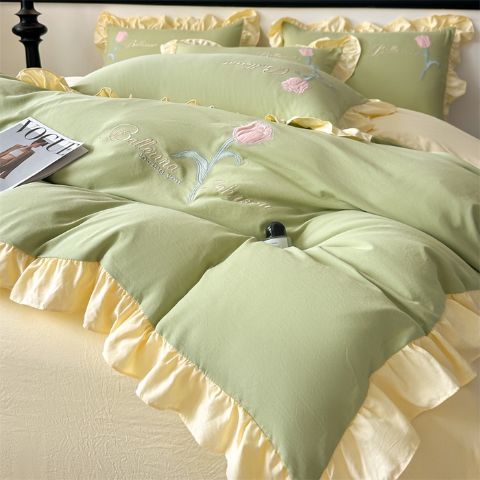 91家纺网 家纺一手货源 找家纺 梦庭帛美 2025新款韩版AB版花边贴布绣花床单床笠四件套 郁金香-抹茶绿