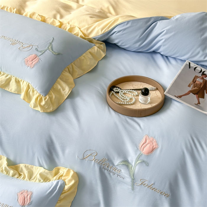 91家纺网 家纺一手货源 找家纺 梦庭帛美 2025新款韩版AB版花边贴布绣花床单床笠四件套 郁金香-天蓝