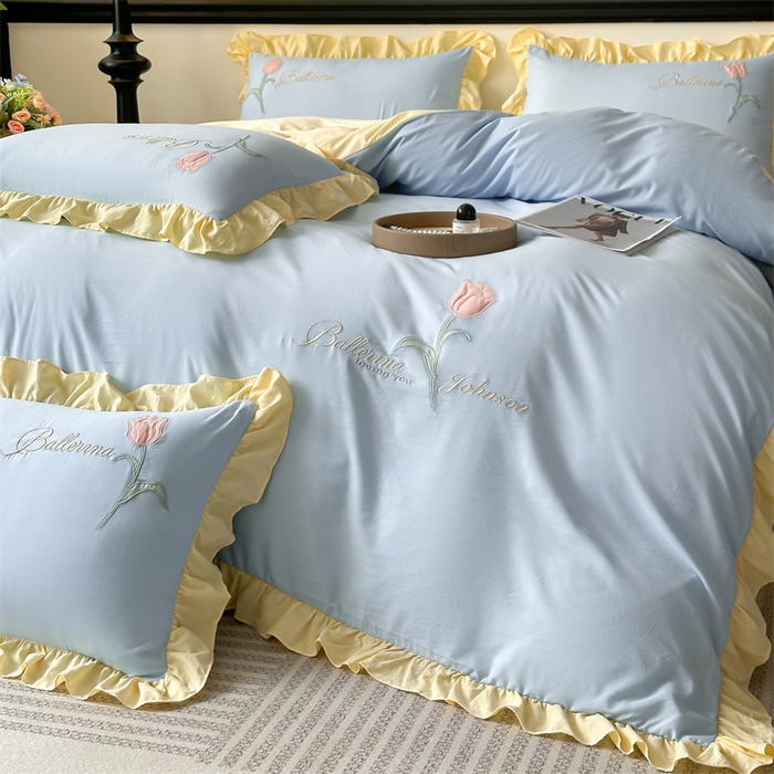 91家纺网 家纺一手货源 找家纺 梦庭帛美 2025新款韩版AB版花边贴布绣花床单床笠四件套 郁金香-天蓝