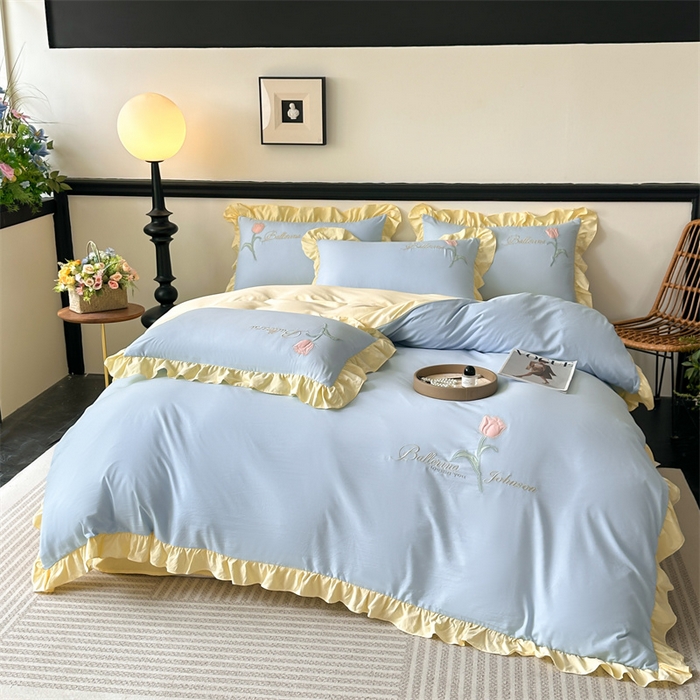 91家纺网 家纺一手货源 找家纺 梦庭帛美 2025新款韩版AB版花边贴布绣花床单床笠四件套 郁金香-天蓝