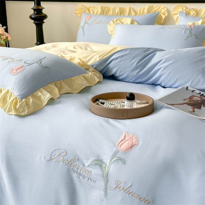 91家纺网 家纺一手货源 找家纺 梦庭帛美 2025新款韩版AB版花边贴布绣花床单床笠四件套 郁金香-天蓝