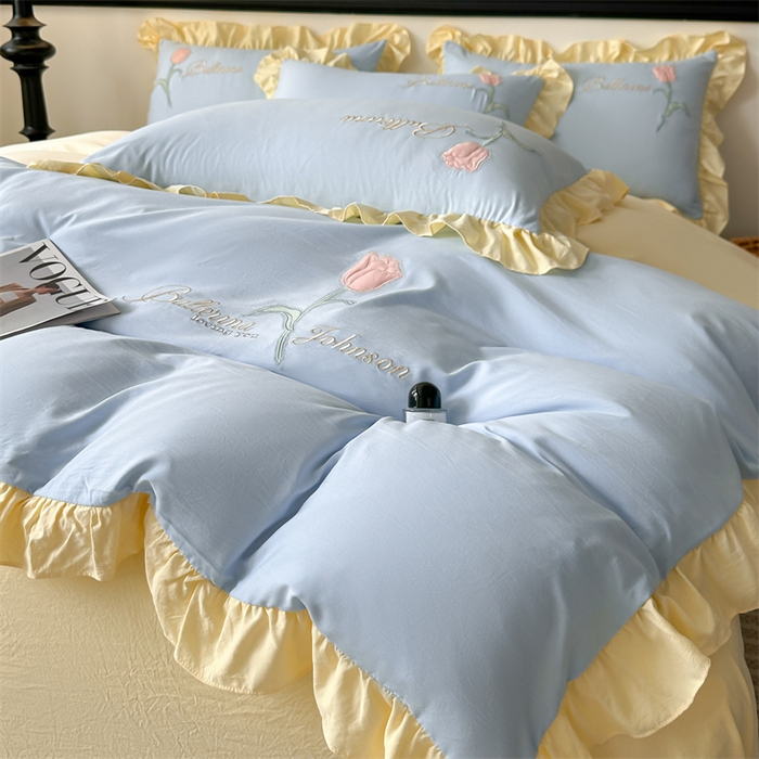 91家纺网 家纺一手货源 找家纺 梦庭帛美 2025新款韩版AB版花边贴布绣花床单床笠四件套 郁金香-天蓝