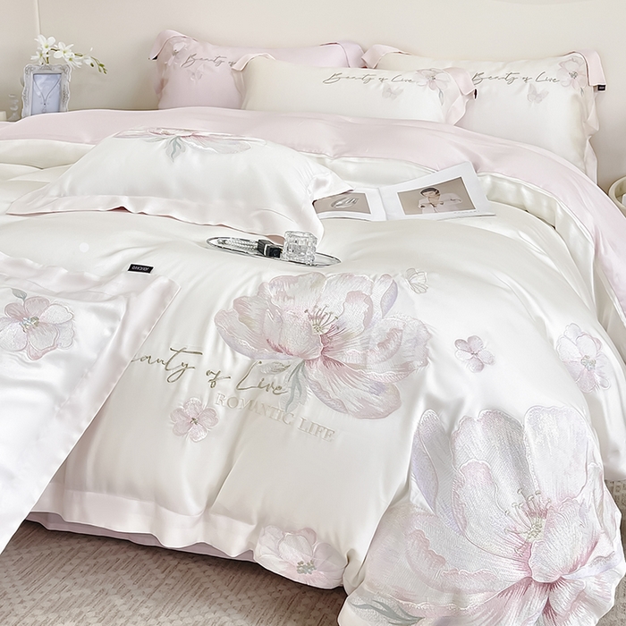 91家纺网 家纺一手货源 找家纺 （总） 2025新款轻奢A类长绒棉四件套全棉纯棉全工艺刺绣纯色床单床笠直播爆款床上用品