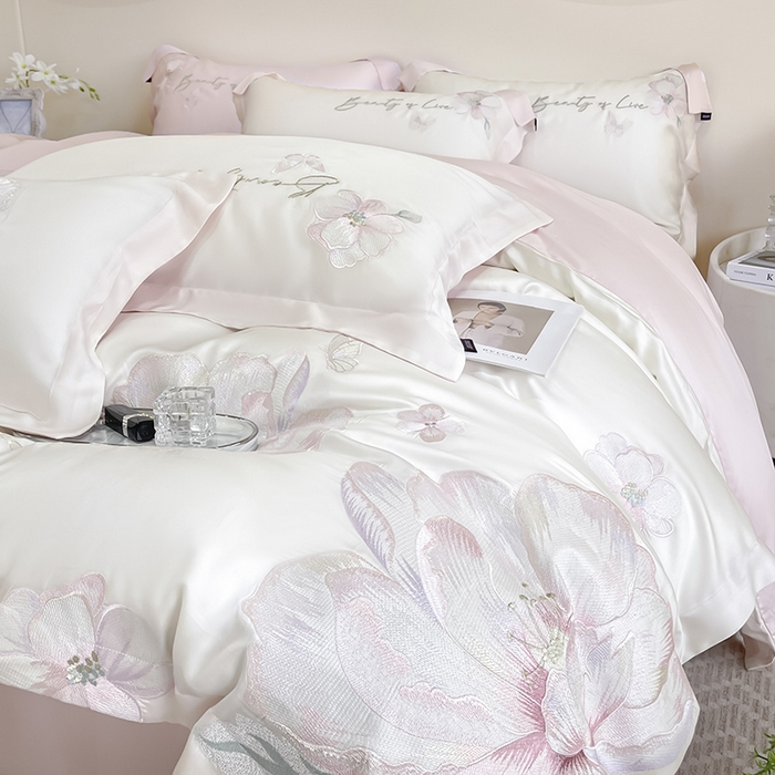 91家纺网 家纺一手货源 找家纺 （总） 2025新款轻奢A类长绒棉四件套全棉纯棉全工艺刺绣纯色床单床笠直播爆款床上用品