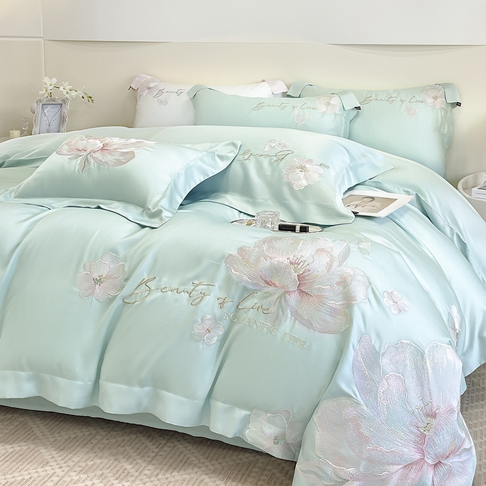 91家纺网 家纺一手货源 找家纺 2025新款轻奢A类长绒棉四件套全棉纯棉全工艺刺绣纯色床单床笠直播爆款床上用品 曼影-茶绿