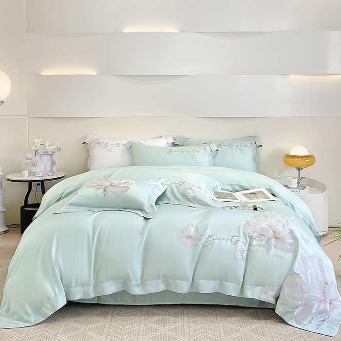 91家纺网 家纺一手货源 找家纺 2025新款轻奢A类长绒棉四件套全棉纯棉全工艺刺绣纯色床单床笠直播爆款床上用品 曼影-茶绿