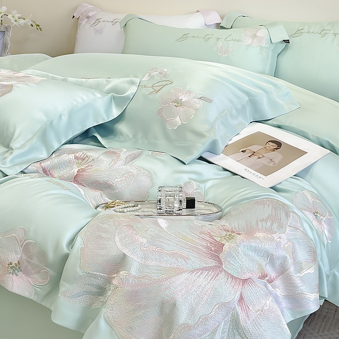 91家纺网 家纺一手货源 找家纺 2025新款轻奢A类长绒棉四件套全棉纯棉全工艺刺绣纯色床单床笠直播爆款床上用品 曼影-茶绿