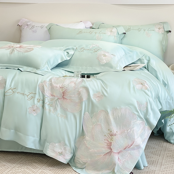 91家纺网 家纺一手货源 找家纺 2025新款轻奢A类长绒棉四件套全棉纯棉全工艺刺绣纯色床单床笠直播爆款床上用品 曼影-茶绿