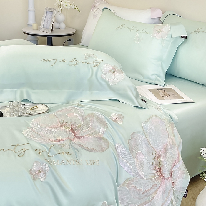 91家纺网 家纺一手货源 找家纺 2025新款轻奢A类长绒棉四件套全棉纯棉全工艺刺绣纯色床单床笠直播爆款床上用品 曼影-茶绿