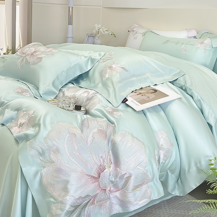 91家纺网 家纺一手货源 找家纺 2025新款轻奢A类长绒棉四件套全棉纯棉全工艺刺绣纯色床单床笠直播爆款床上用品 曼影-茶绿