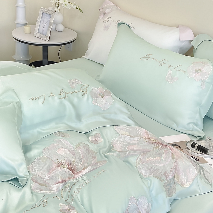 91家纺网 家纺一手货源 找家纺 2025新款轻奢A类长绒棉四件套全棉纯棉全工艺刺绣纯色床单床笠直播爆款床上用品 曼影-茶绿