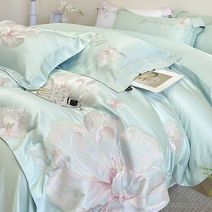 91家纺网 家纺一手货源 找家纺 2025新款轻奢A类长绒棉四件套全棉纯棉全工艺刺绣纯色床单床笠直播爆款床上用品 曼影-茶绿